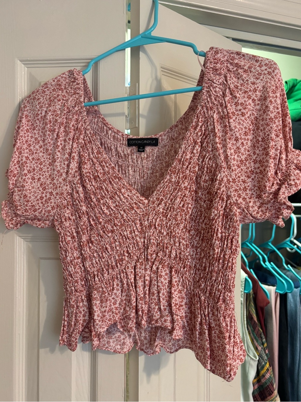 Cotton Candy Pink Floral Smocked Peasant Blouse